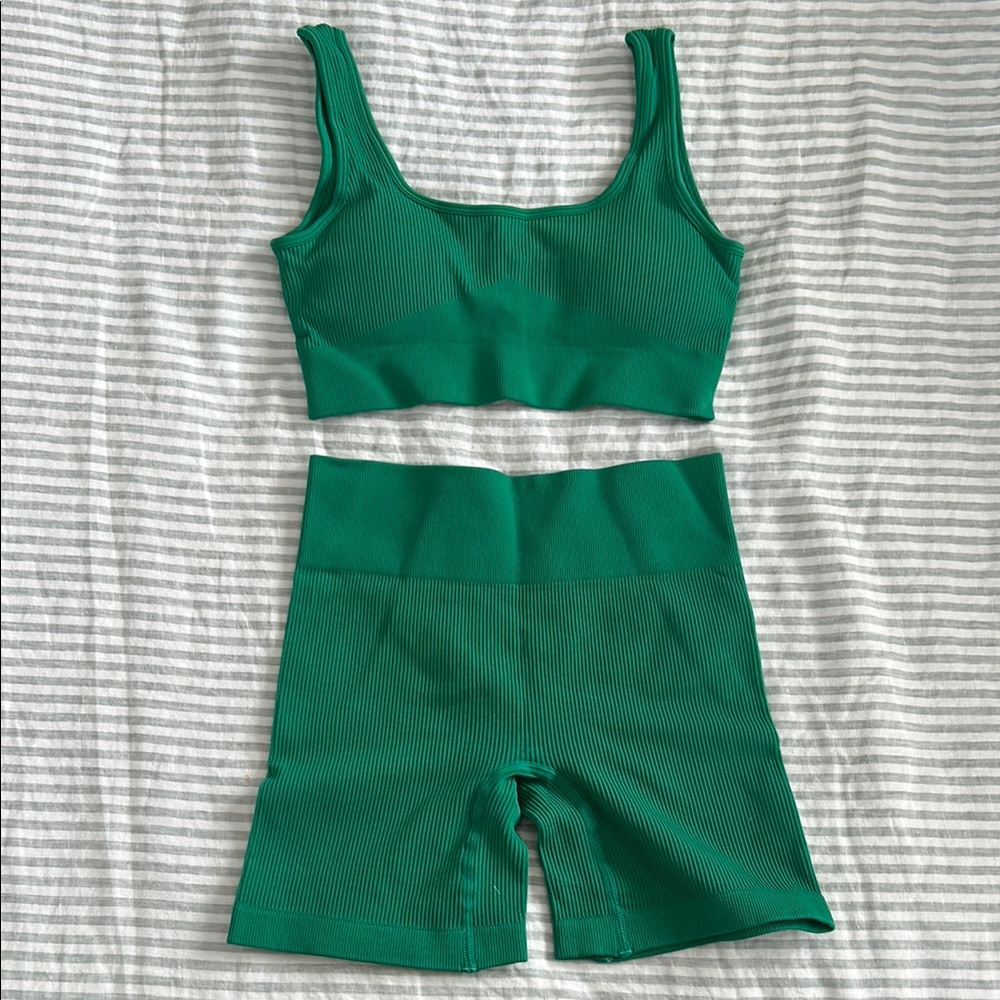 Green Ribbed Sports Bra and Shorts Set